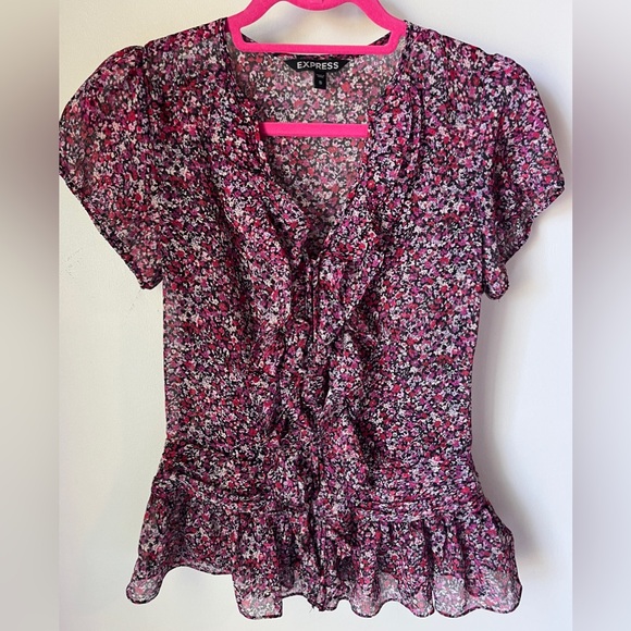 Express Women’s Floral Ruffle V-Neck Top | Size S | Magenta, Red, Pink, Black - Picture 1 of 8